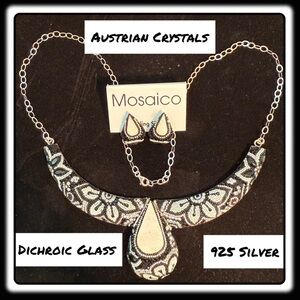 NWT Austrian Crystal Silver/Blk one-of-a-kind Necklace Dichroic glass STATEMENT